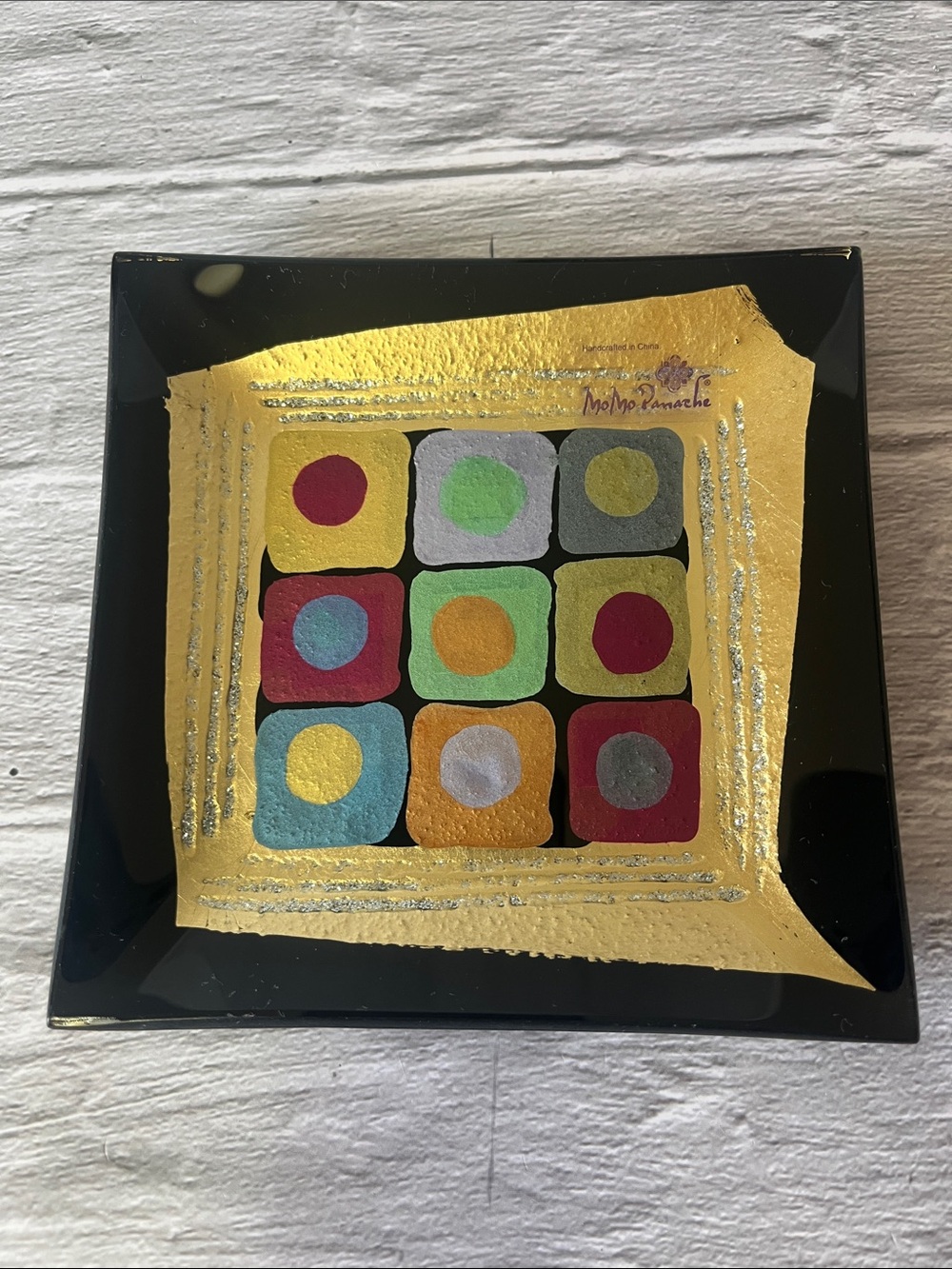 MoMo Panache Abstract Colorful Geometric Inlay Square Glass Plates - Picture 3 of 11